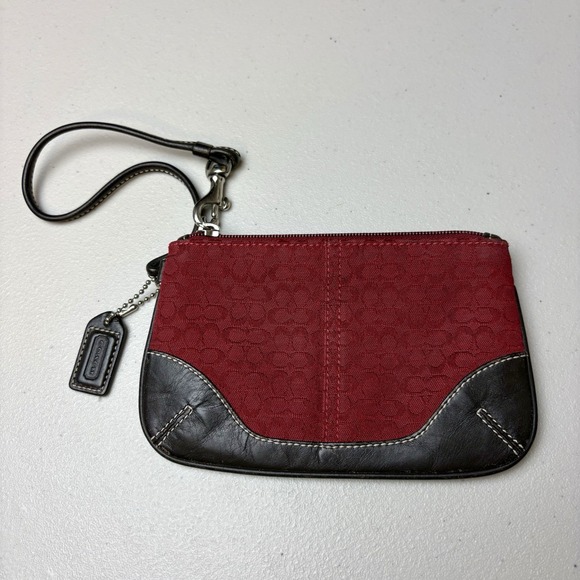 Vintage Coach Wristlet Wallet Red Signature C Canvas Brown Leather Y2K - Picture 1 of 8
